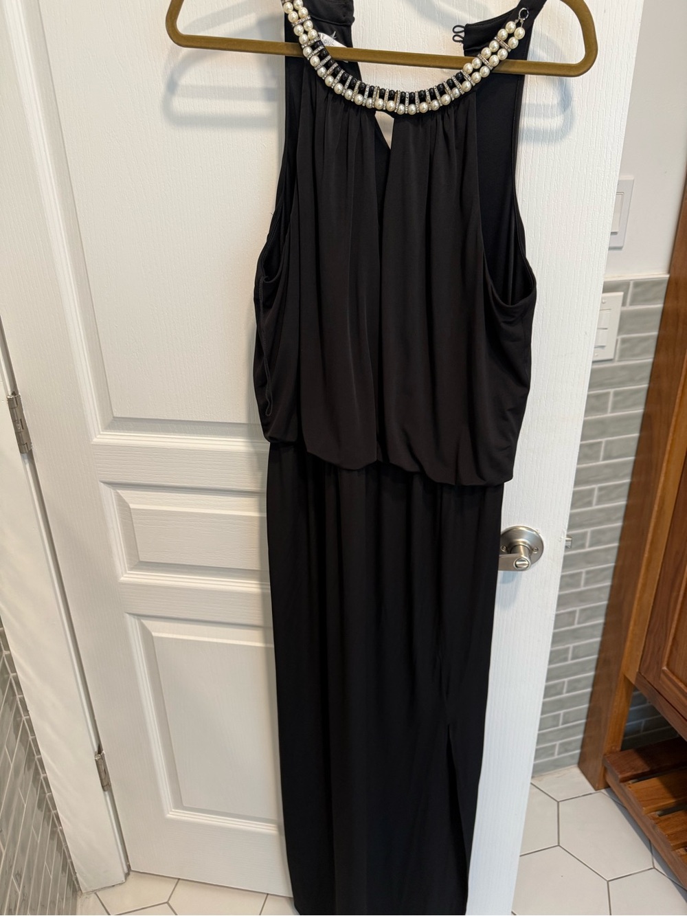 London Times Black Sleeveless Maxi Dress with Beaded Neckline